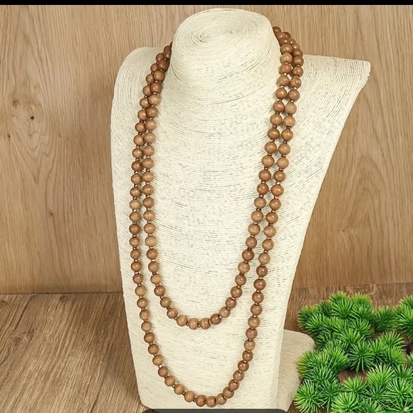 Jewelry - Long Hang Wood Bead and Metallic Bronze Bead Necklace NWT